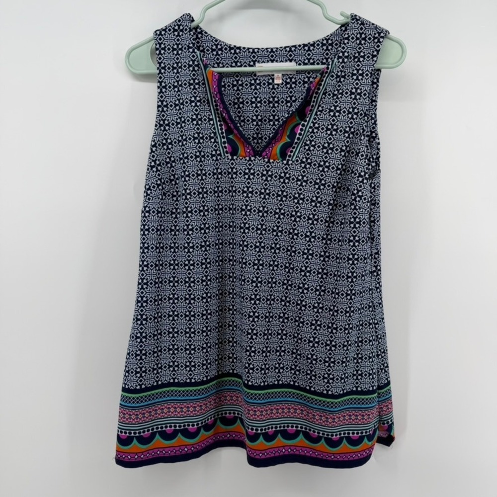 Jude Connally Sleeveless Tunic Top Womens Medium Blue Geometric V-Neck USA